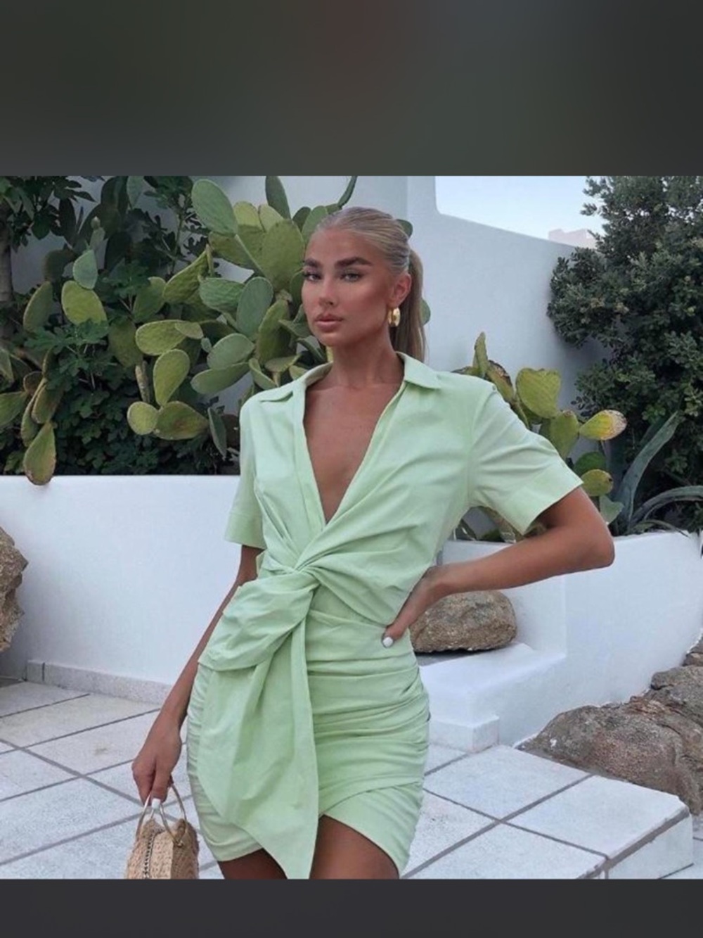 Zara Pale Green Twist-Front Mini Dress